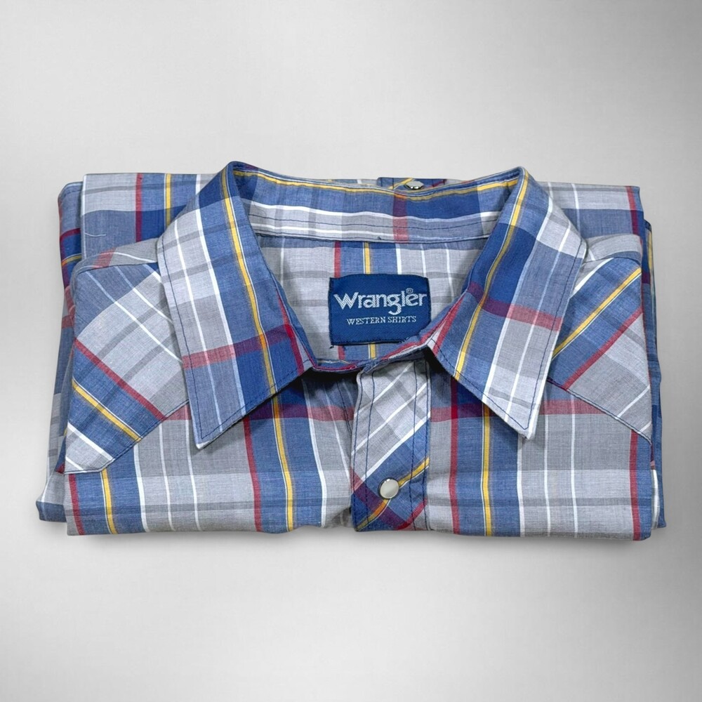 Wrangler Western Shirt Mens L Plaid Pearl Snap Blue Red Yellow